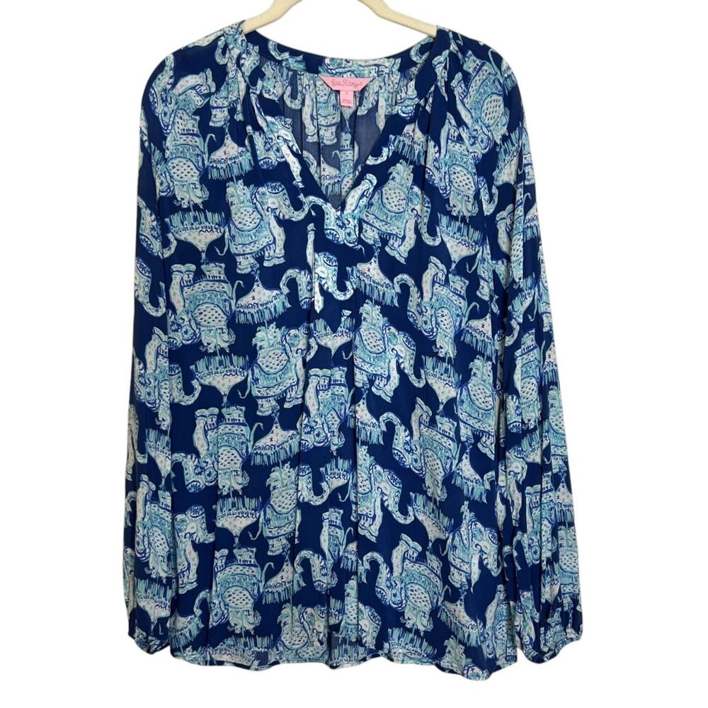 Lilly Pulitzer Willa Elephant Print Tunic Top Long Sleeve Blue Size Small